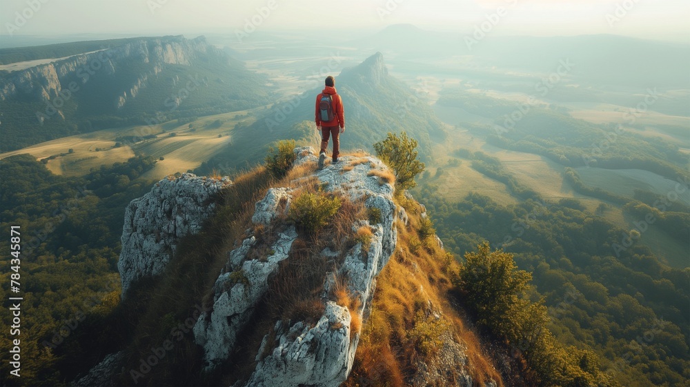 A man in red stands at the top of a mountain and looks at the valley below, drone footage.