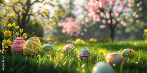 an array of colorful decorated easter eggs in the grass of a tree