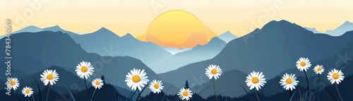 A field of daisies in front of a mountain range at sunrise © Wavezaa