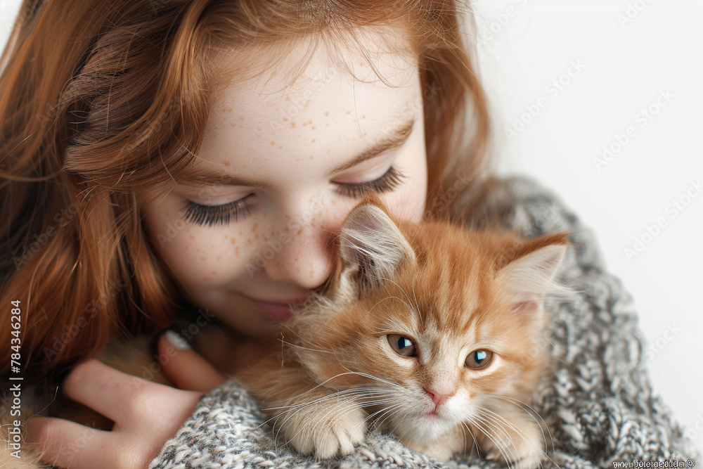 A girl with long red hair and freckles is hugging an orange kitten. The girl has her eyes closed and is smiling. The kitten is looking at the camera. A girl with long red hair and freckles is hugging an orange kitten. The girl has her eyes closed and is smiling. The kitten is looking at the camera.