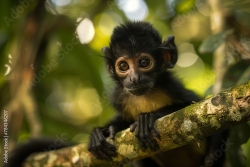 a baby monkey sitting on top of a tree branch looking at the camera © Wirestock