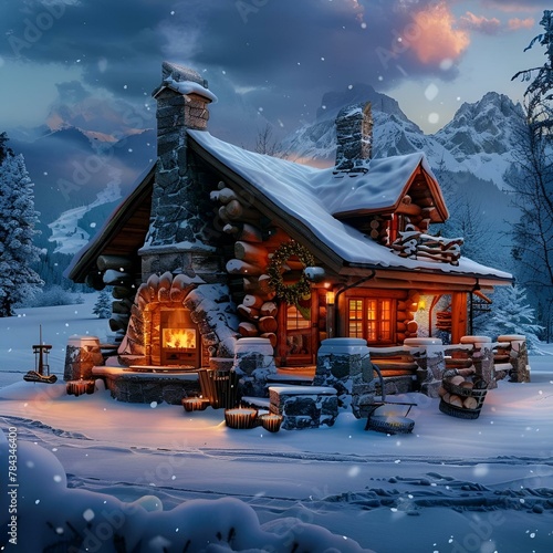 a cabin on snow covered ground with lights in front of it