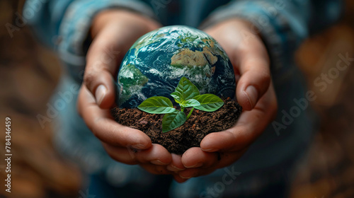 A pair of hands carefully holds a green plant growing from a globe, illustrating themes of environmental protection, sustainability, and global responsibility. Earth day concept.