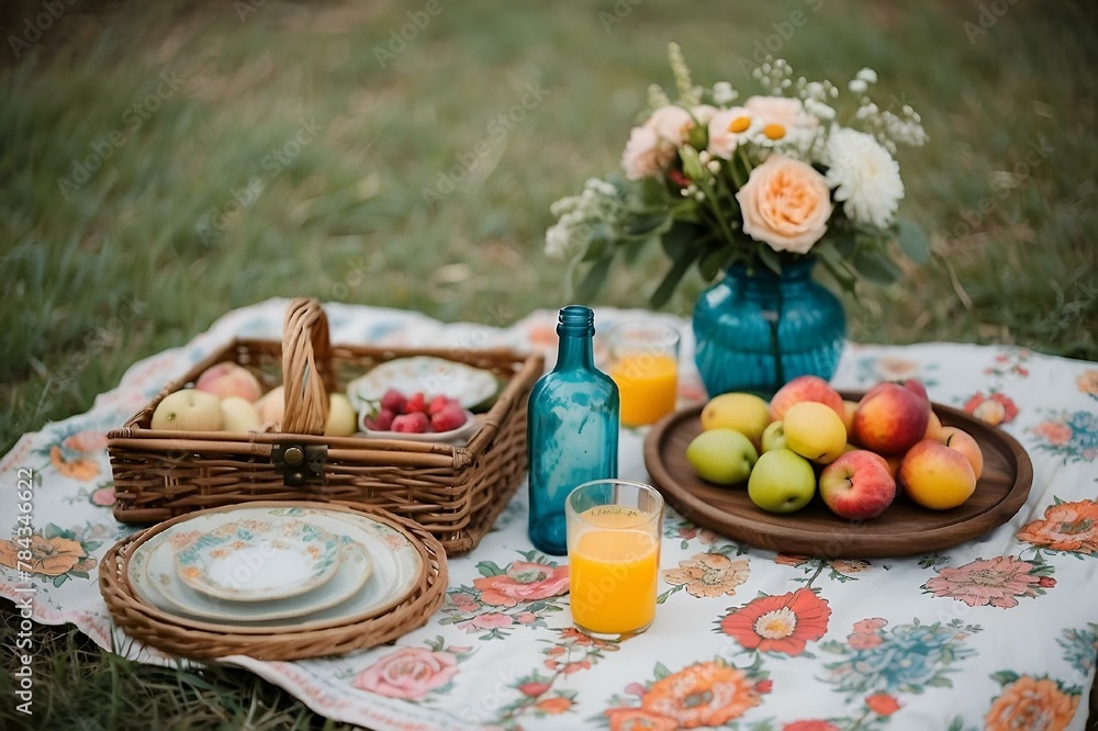 a picnic setting with a table cloth and flowers next to bottles and glasses