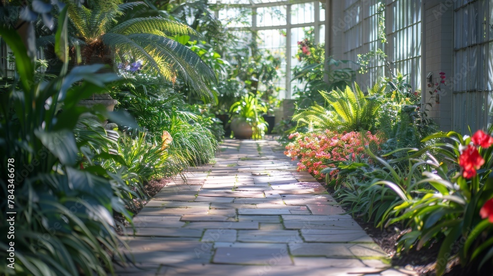 Naklejka premium The soft rays of the sun filter through the glass, casting a natural mosaic of light and shadow on the stone walkway of this vibrant glasshouse garden.