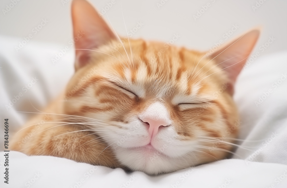 Ginger cat peacefully asleep on a white pillow and cozy blanket, AI-generated.