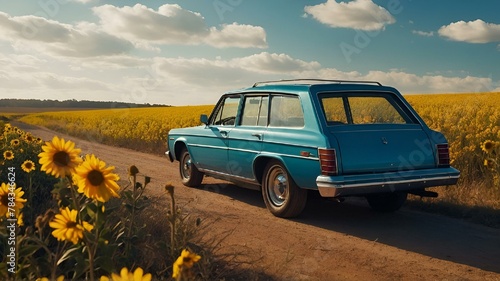 the old station wagon is parked on a dirt road in front of sunflowers photo