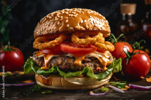 Big juicy hamburger with lettuce and tomato with onion rings and cheese 