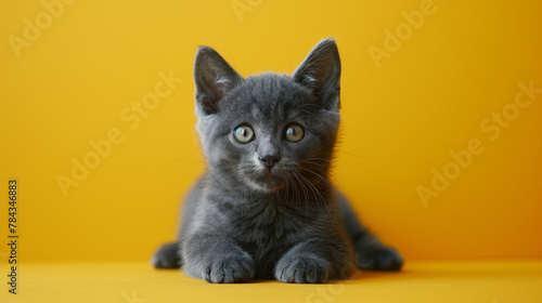 Studio shot of grey british short hair kitten cat poses on camera on yellow background. Copy space for text