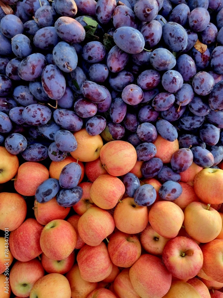 Top view of fresh seasonal food, apples, and plums, on the local market on the market, symmetrical Top view of fresh seasonal food, apples, and plums, on the local market on the market, symmetrical