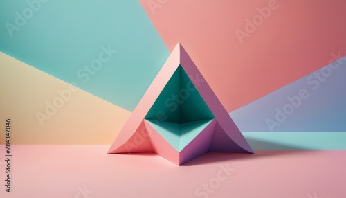 A vibrant  multicolored paper pyramid with a three-dimensional look stands out against a pastel background.
