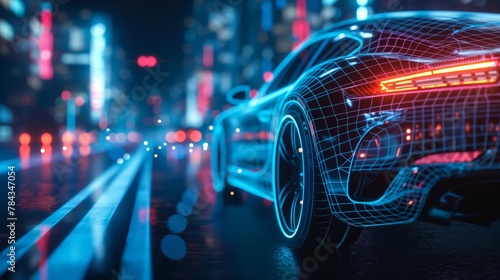 Futuristic 3D Concept Car. Autonomous Self Driving Van Moving Through City Highway. Visualized AI Sensors Scanning Road Ahead for Speed Limits, Vehicles, Pedestrians. Back View. photo
