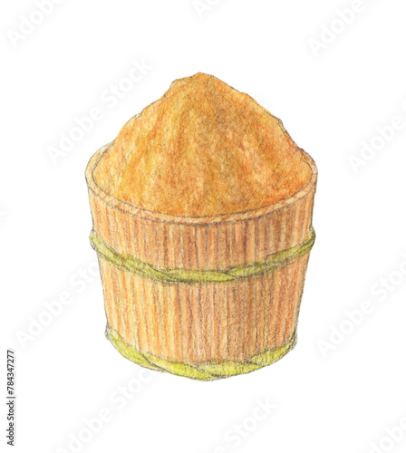 樽に入った味噌　水彩色鉛筆アナログイラスト
