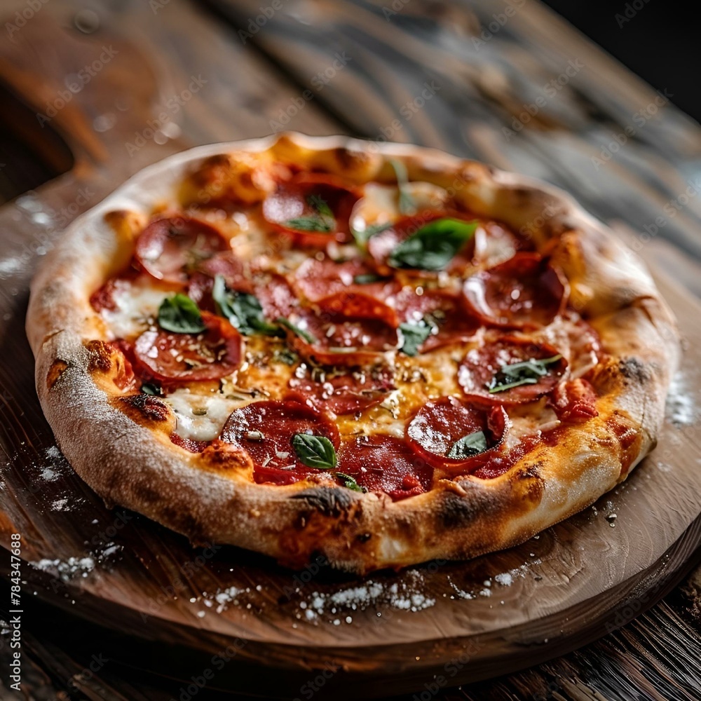 a pizza with pepperoni and spinach on a wooden tray