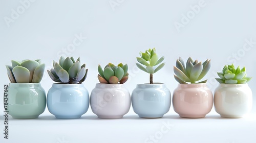 A set of small, round porcelain vases in pastel colors, each holding a delicate succulent