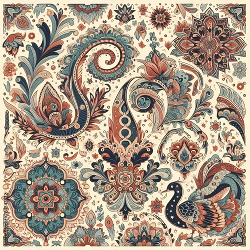 AI illustration of paisley floral and peacock pattern on ivory backdrop with blue, orange hues