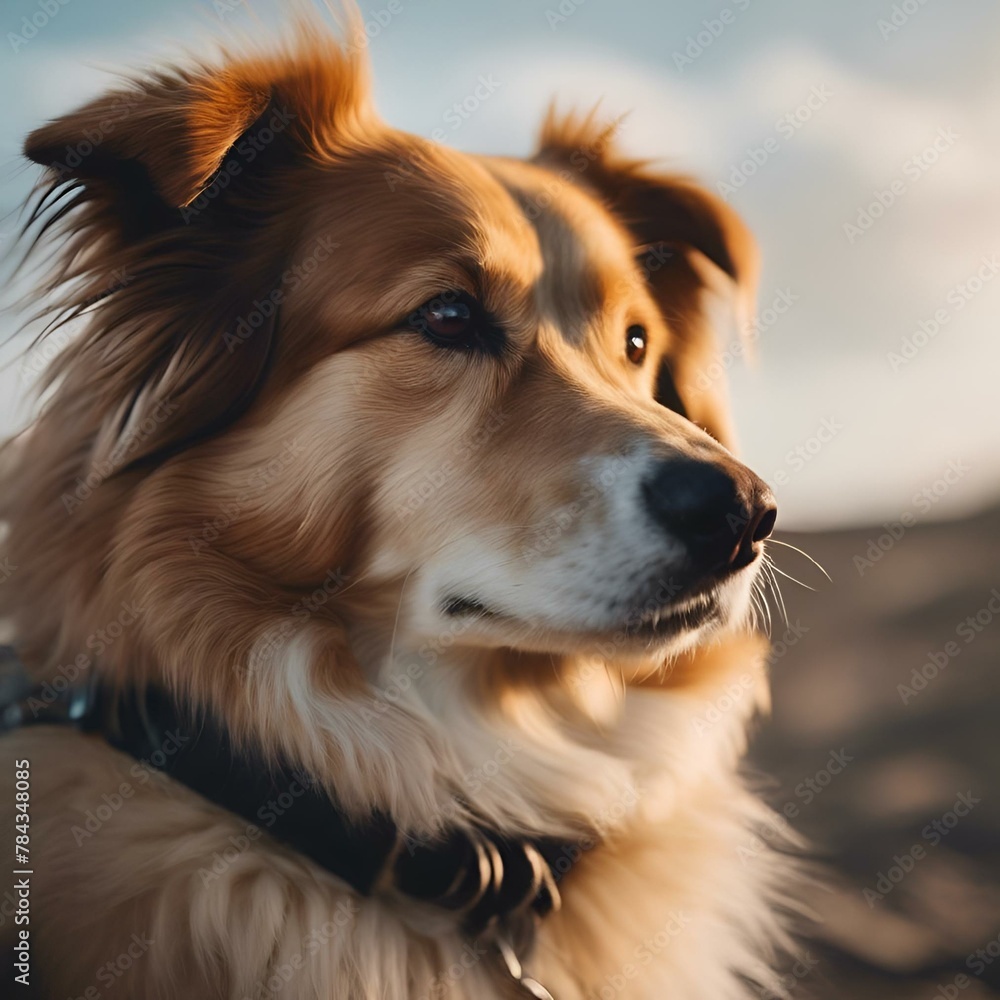 AI generated illustration of a dog standing on the sandy beach, staring into the distance