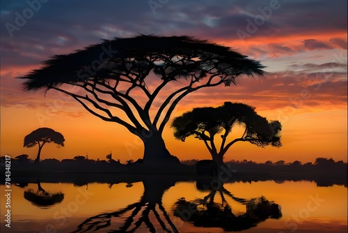 AI generated illustration of beautiful sun reflection on water beside a tree in this scenic image