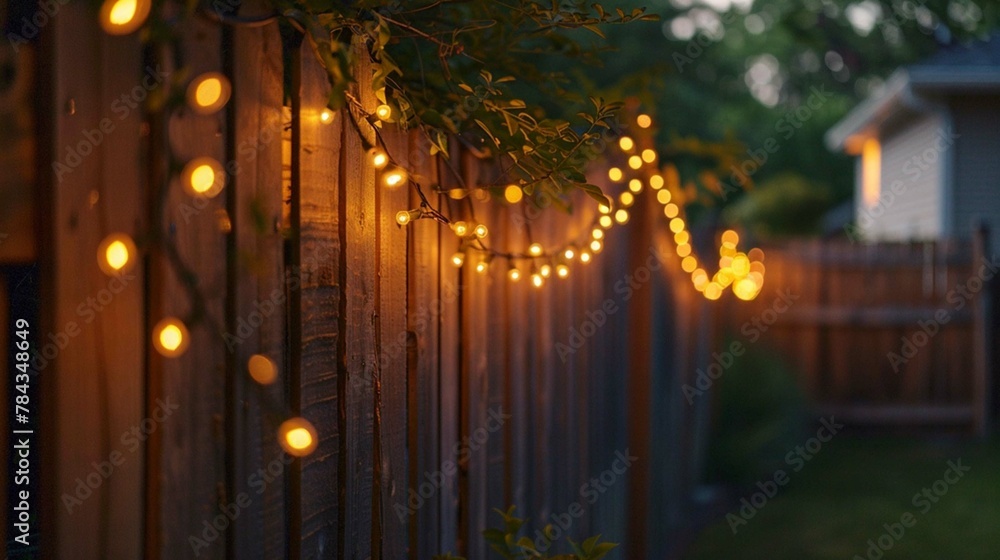 backyard fence with delicate string lights