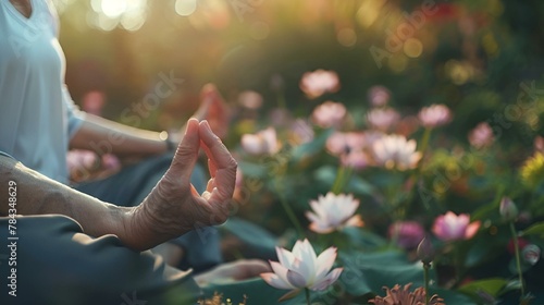 AI-generated illustration of A person meditating on a sunny patio amidst lush plants