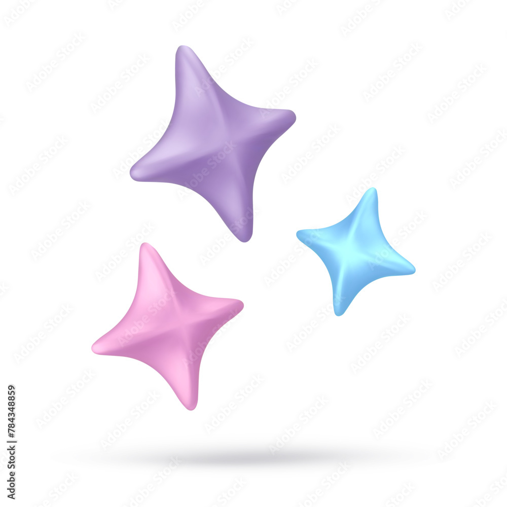 Vector 3d render pink, purple, blue star in different sides, isolated on gray background. Beauty icon. Vector illustration for postcard, icons, poster, banner, web, design, arts Vector 3d render pink, purple, blue star in different sides, isolated on gray background. Beauty icon. Vector illustration for postcard, icons, poster, banner, web, design, arts