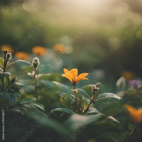 yellow flower growing in the middle of a field at dusk