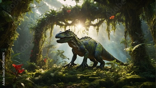 AI-generated illustration of A dinosaur stands against a lush forest backdrop © Wirestock