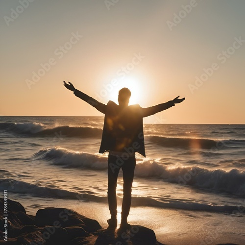 a person with their arms out at the beach on a warm day