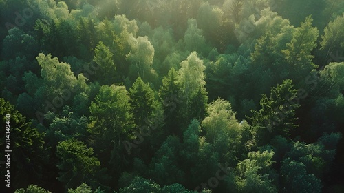 AI generated illustration of lush forest with sunlit green trees © Wirestock
