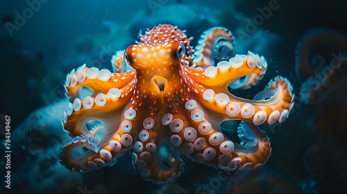 AI generated illustration of an orange octopus with white tentacles in a bubble-filled aquatic scene