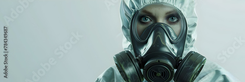 Portrait industrial worker technologist wearing hazmat suit in production plant woman in white protective uniform with protective mask handling hazardous chemicals on white transparent background   photo