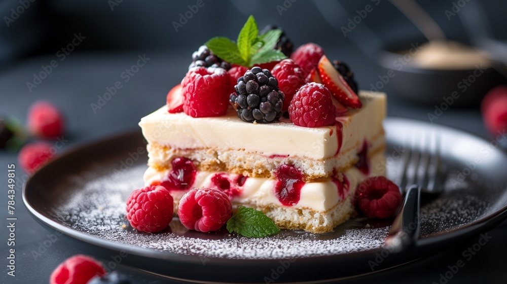 AI generated illustration of a delicious piece of cake topped with fresh berries