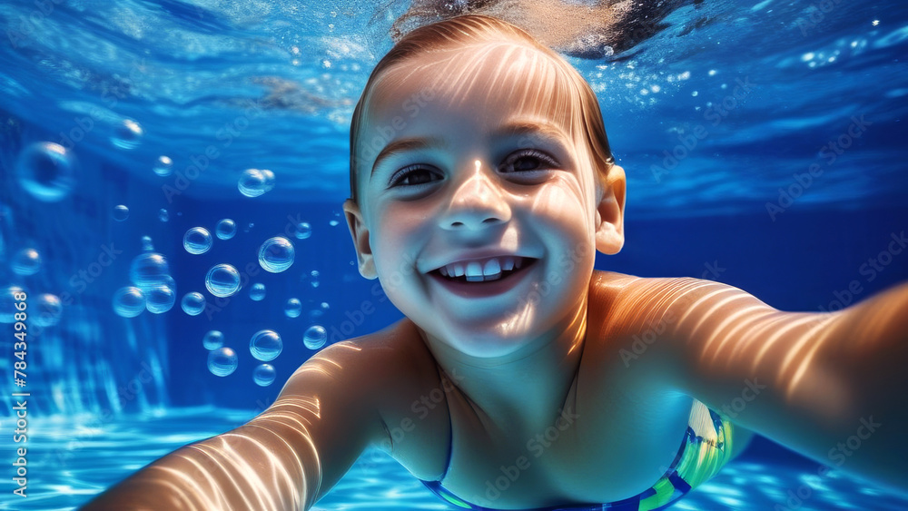 Cute happy caucasian boy child dive underwater and have Fun of swimming. Portrait little kid swimmer in the Swimming Pool. Summer kids activity, water sports
