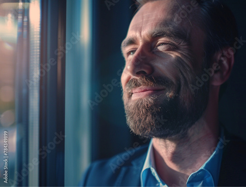  business man looking through window, his face is lit by outdoor natural light, high contrasts,. he has smile on his face and feel happy and feeling like winner.