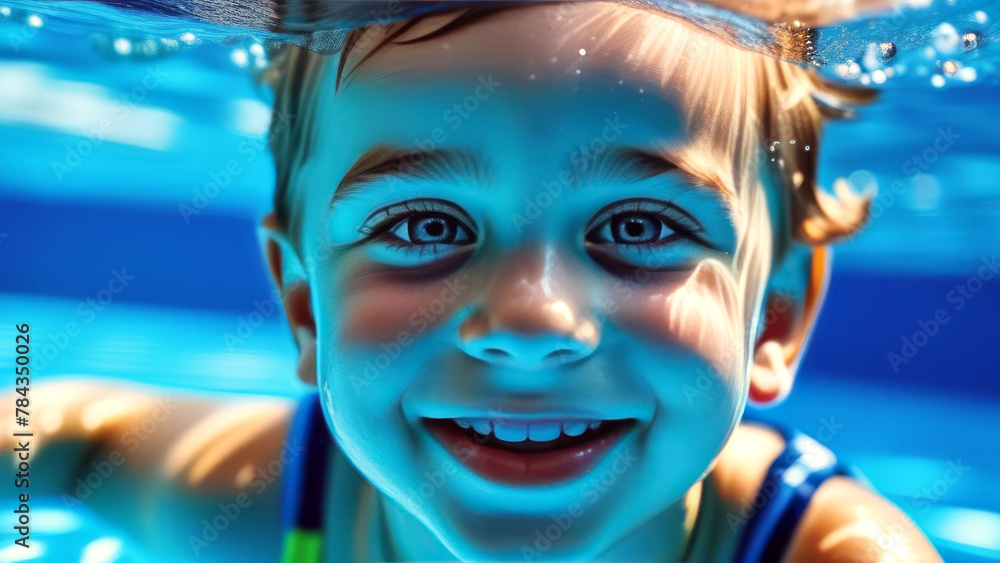 Cute happy caucasian boy child dive underwater and have Fun of swimming. Portrait little kid swimmer in the Swimming Pool. Summer kids activity, water sports Cute happy caucasian boy child dive underwater and have Fun of swimming. Portrait little kid swimmer in the Swimming Pool. Summer kids activity, water sports