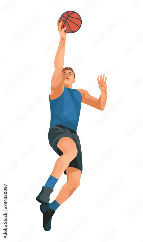 Basketball player in a blue jersey who jumps high to shoot the ball into the hoop