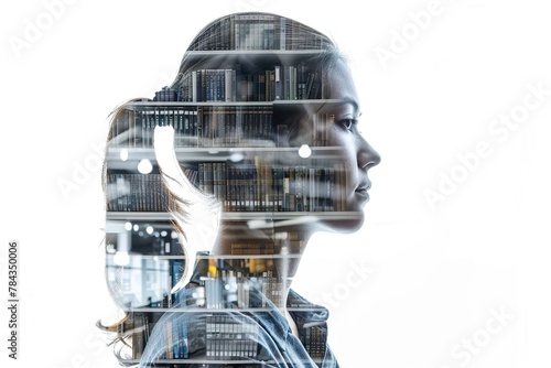 Double exposure ,girl with image of a library