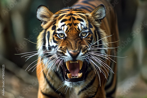 the tiger looks angry in its habitat while growling its teeth photo