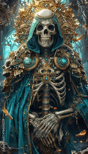 Artistic representation of a skeletal figure clad in elaborate royal attire  exuding dark fantasy vibes.