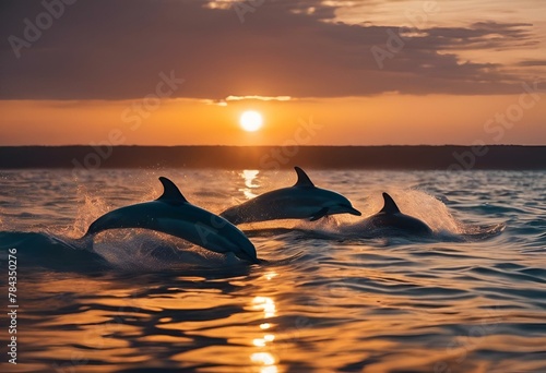 three dolphins are in the water near the sun set in © Wirestock