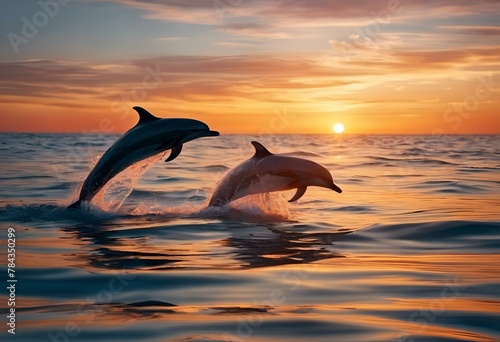 two dolphins leap into the water at sunset in the atlantic