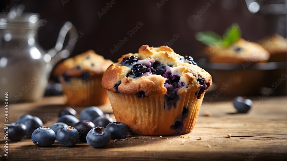 {A photorealistic image of a freshly baked blueberry muffin placed on a rustic wooden table. The muffin should be detailed, showcasing the texture of the golden-brown crust and the bursting blueberrie {A photorealistic image of a freshly baked blueberry muffin placed on a rustic wooden table. The muffin should be detailed, showcasing the texture of the golden-brown crust and the bursting blueberrie