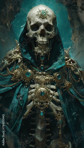 Artistic representation of a skeletal figure clad in elaborate royal attire, exuding dark fantasy vibes.