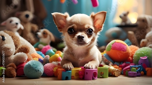    A tiny Chihuahua puppy    surrounded by an array of colorful    toys   . The puppy s expression is   curious   and   playful    reflecting its joyful demeanor. This photorealistic image is perfect 