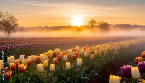 there is a field of tulips on a foggy morning #784351097