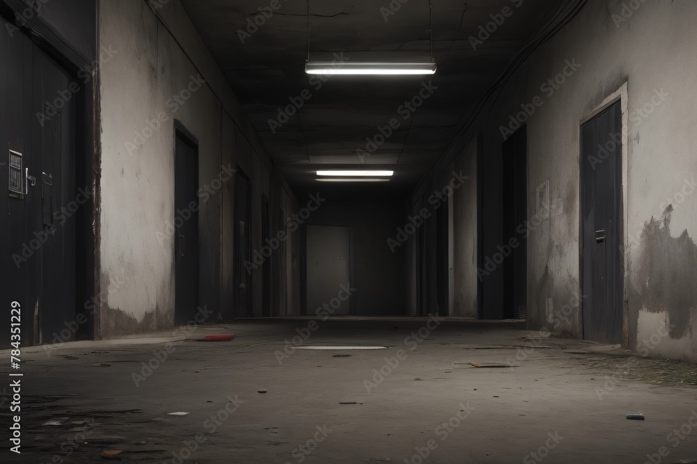 AI generated illustration of a Monochrome empty corridor with light streaming through doors