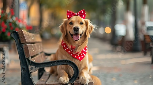 a small dog with a red bandanna sitting on a bench photo