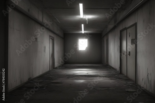 AI generated illustration of a Monochrome empty corridor with light streaming through doors