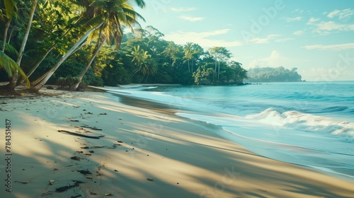 Tropical beach landscape with palm trees on either side, AI-generated.