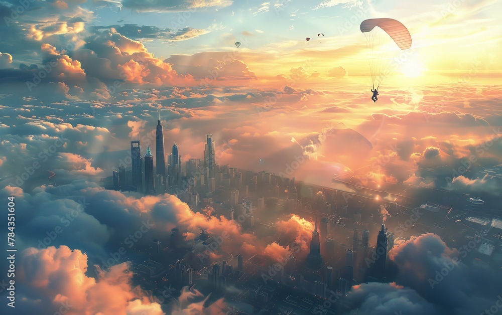 A daring man parachuting over the city against the backdrop of a stunning urban landscape, showcasing adventure and freedom